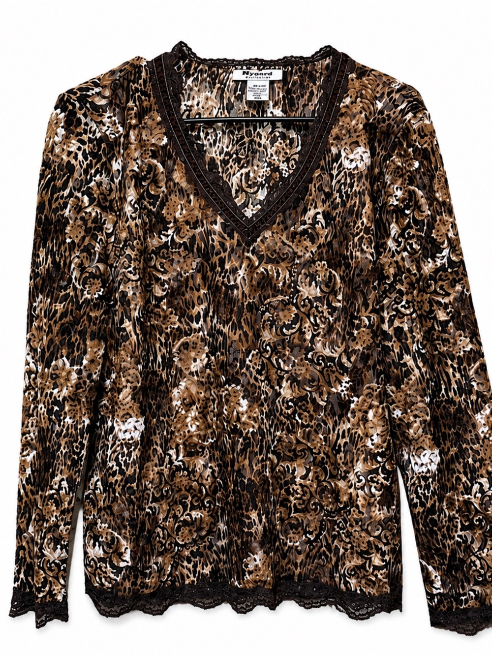 Nygard Collection XL Brown Black Baroque Animal Print Lace Trim Mesh Top 18-20